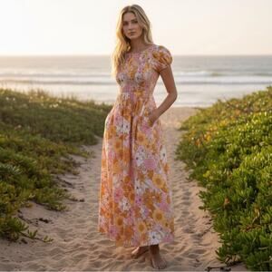 Anthropologie Kachel Smocked Retro 70s Floral Maxi Dress Large Spring Bohemian